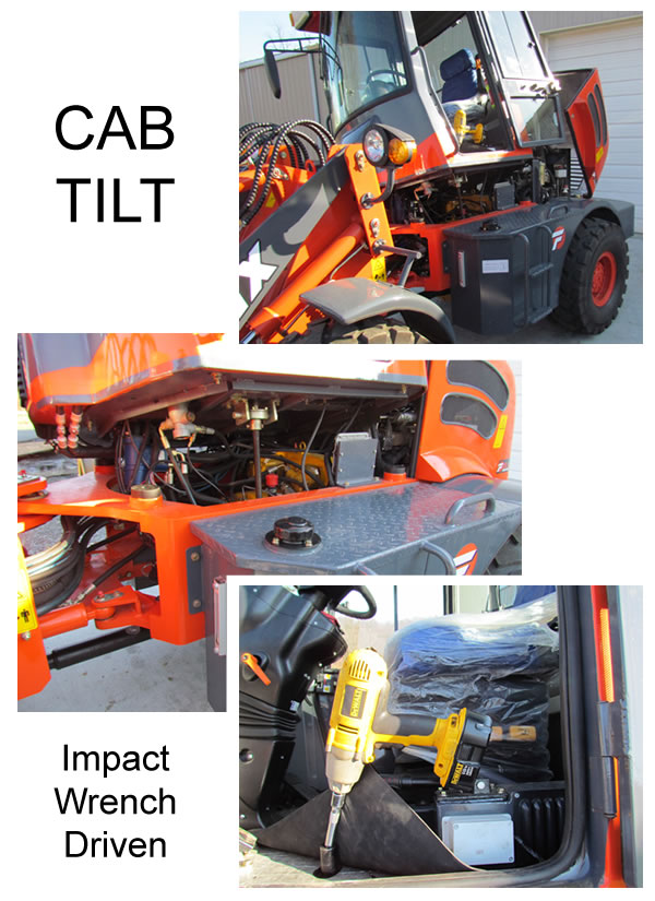Wheel loader 1650 engine compartment access via cab tilt feature